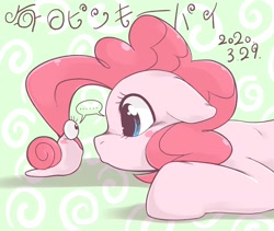 Size: 1818x1536 | Tagged: safe, artist:kurogewapony, character:pinkie pie, species:earth pony, species:pony, daily pinkie pie, female, looking at each other, mare, snail