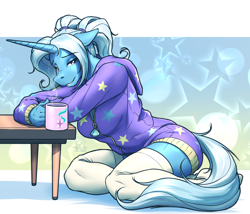 Size: 2916x2500 | Tagged: safe, artist:mykegreywolf, character:trixie, species:anthro, species:pony, species:unguligrade anthro, species:unicorn, g4, abstract background, alternate hairstyle, babysitter trixie, clothing, coffee, coffee mug, cutie mark, digital art, drink, explicit source, female, hoodie, horn, implied starlight glimmer, jacket, kneeling, looking at you, mare, mug, smiling, solo, stars, steam, stockings, table, thigh highs, unzipped