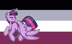 Size: 2478x1517 | Tagged: safe, artist:lrusu, character:twilight sparkle, character:twilight sparkle (alicorn), species:alicorn, species:pony, asexual pride flag, ear fluff, eyes closed, female, flying, pride, pride flag, solo