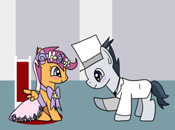 Size: 1600x1191 | Tagged: safe, artist:platinumdrop, character:rumble, character:scootaloo, species:pegasus, species:pony, ship:rumbloo, episode:a canterlot wedding, g4, my little pony: friendship is magic, clothing, cute, cutealoo, female, flower filly, flower girl, flower girl dress, hat, male, marriage, shipping, straight, top hat, tuxedo, wedding