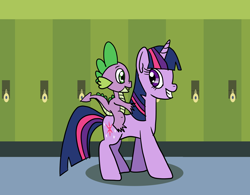 Size: 2048x1600 | Tagged: safe, artist:platinumdrop, character:spike, character:twilight sparkle, character:twilight sparkle (unicorn), species:dragon, species:pony, species:unicorn, dragons riding ponies, female, happy, lockers, male, mare, request, riding, smiling, walking