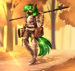Size: 4000x3760 | Tagged: safe, artist:airiniblock, rcf community, oc, oc only, oc:jaeger sylva, species:anthro, species:earth pony, species:pony, armor, autumn, glasses, halberd, male, weapon