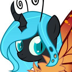 Size: 469x469 | Tagged: safe, artist:paradiseskeletons, artist:the smiling pony, oc, oc only, oc:queen fylifa, species:changeling, .svg available, antenna, blue changeling, butterfly wings, changeling queen, changeling queen oc, looking at you, nymph, simple background, smiling, solo, svg, transparent background, vector, wings, younger