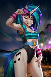 Size: 2000x3000 | Tagged: safe, artist:mykegreywolf, character:dj pon-3, character:vinyl scratch, species:anthro, species:pony, species:unicorn, 80s, absurd resolution, clothing, female, high-cut clothing, mare, solo, sports bra, sunglasses, workout outfit