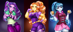 Size: 2286x1000 | Tagged: safe, artist:racoonsan, edit, editor:drakeyc, character:adagio dazzle, character:aria blaze, character:sonata dusk, equestria girls:rainbow rocks, g4, my little pony: equestria girls, my little pony:equestria girls, adoragio, adorasexy, anime, ariabetes, belt, bracelet, breasts, busty adagio dazzle, busty aria blaze, busty dazzlings, busty sonata dusk, cleavage, clothing, color edit, colored, confident, curvy, cute, dazzlings, explicit source, eyeshadow, female, fingerless gloves, food, gem, gloves, hand on hip, hips, hourglass figure, jeans, jewelry, leggings, licking, licking lips, looking at you, looking down, makeup, moe, nail polish, necklace, pants, pigtails, ponytail, raised eyebrow, sexy, siren gem, skin color edit, skirt, smiling, smug, smugio dazzle, sonatabetes, sonataco, spiked wristband, stupid sexy adagio dazzle, stupid sexy aria blaze, stupid sexy sonata dusk, taco, that girl sure loves tacos, the dazzlings, tongue out, trio, trio female, twintails, wristband