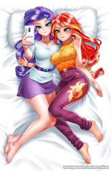 Size: 915x1400 | Tagged: safe, artist:racoonsan, character:rarity, character:sunset shimmer, ship:sunsarity, my little pony:equestria girls, anime, barefoot, beautiful, bed, bedroom eyes, belt, blushing, breasts, cellphone, clothing, duo, eyeshadow, feet, female, geode of shielding, human coloration, lesbian, magical geodes, makeup, music festival outfit, nail polish, pants, phone, pillow, selfie, shipping, shirt, skirt, smartphone, tank top
