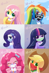 Size: 1000x1500 | Tagged: safe, artist:howxu, character:applejack, character:fluttershy, character:pinkie pie, character:rainbow dash, character:rarity, character:twilight sparkle, character:twilight sparkle (eqg), species:eqg human, my little pony:equestria girls, bandana, coronavirus, covid-19, eyes closed, face mask, female, humane five, humane six, looking at you, mask, surgical mask
