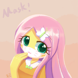 Size: 800x800 | Tagged: safe, artist:howxu, character:fluttershy, my little pony:equestria girls, :3, cat face, coronavirus, covid-19, cute, face mask, female, hand on mouth, looking at you, mask, shyabetes, solo, whiskers