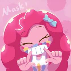 Size: 800x800 | Tagged: safe, artist:howxu, character:pinkie pie, my little pony:equestria girls, coronavirus, covid-19, eyes closed, face mask, female, mask, smiling, solo