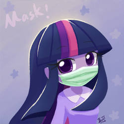 Size: 800x800 | Tagged: safe, artist:howxu, character:twilight sparkle, my little pony:equestria girls, coronavirus, covid-19, female, looking at you, mask, solo, surgical mask
