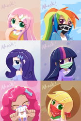 Size: 1600x2400 | Tagged: safe, artist:howxu, edit, editor:michaelsety, character:applejack, character:fluttershy, character:pinkie pie, character:rainbow dash, character:rarity, character:twilight sparkle, character:twilight sparkle (eqg), species:eqg human, species:human, my little pony:equestria girls, bandana, coronavirus, covid-19, eyes closed, face mask, female, humane five, humane six, humanized, looking at you, mask, surgical mask