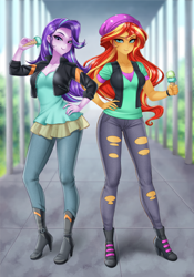 Size: 770x1100 | Tagged: safe, artist:racoonsan, edit, editor:drakeyc, character:starlight glimmer, character:sunset shimmer, equestria girls:mirror magic, g4, my little pony: equestria girls, my little pony:equestria girls, spoiler:eqg specials, anime, beanie, clothes swap, clothing, color edit, colored, cute, duo, equestria girls edit, food, hat, ice cream, ice cream cone, skin color edit, that human sure does love ice cream