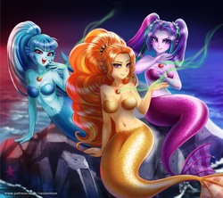 Size: 1125x1000 | Tagged: safe, artist:racoonsan, edit, editor:drakeyc, character:adagio dazzle, character:aria blaze, character:sonata dusk, species:human, species:siren, my little pony:equestria girls, adoragio, adorasexy, ariabetes, bare shoulders, belly button, blurred background, breasts, color edit, colored, cute, cute little fangs, ear fins, equestria girls edit, eyelashes, eyeshadow, fangs, feeding, female, fish tail, gem, hair tie, lidded eyes, long nails, looking at you, magic, makeup, mermaid, mermaidized, nail polish, negative energy, noblewoman's laugh, ocean, open mouth, outdoors, patreon, pigtails, ponytail, raised eyebrow, reasonably sized breasts, rock, scales, sexy, siren gem, sirens doing siren things, sitting, skin color edit, smiling, smirk, sonatabetes, species swap, spiked headband, starfish, the dazzlings, trio, twintails, water