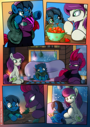 Size: 2481x3508 | Tagged: safe, artist:dsana, character:fizzlepop berrytwist, character:tempest shadow, oc, oc:lullaby dusk, oc:thistledown, species:earth pony, species:pegasus, species:pony, species:unicorn, comic:a storm's lullaby, awww, book, broken horn, card game, cloak, clothing, comic, cute, female, filly, food, horn, knife, mare, one eye covered, questionable series, scar, semi-grimdark series, snow, snowfall, strawberry, wholesome