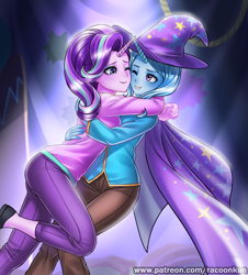 Size: 700x776 | Tagged: safe, artist:racoonsan, edit, editor:drakeyc, character:starlight glimmer, character:trixie, species:human, ship:startrix, episode:no second prances, g4, my little pony: friendship is magic, cape, clothing, coat, color edit, colored, cute, equestria girls edit, female, hat, horn, horned humanization, horns are touching, hug, humanized, lesbian, one eye closed, pants, patreon, scene interpretation, shipping, skin color edit, smiling, trixie's cape, trixie's hat, wizard, wizard hat