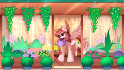 Size: 4483x2536 | Tagged: safe, artist:airiniblock, rcf community, oc, oc only, oc:moonflower, species:pegasus, species:pony, commission, female, flower, flower shop, solo, watering can