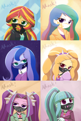 Size: 1000x1500 | Tagged: safe, artist:howxu, character:adagio dazzle, character:aria blaze, character:princess celestia, character:princess luna, character:principal celestia, character:sonata dusk, character:sunset shimmer, character:vice principal luna, my little pony:equestria girls, censored vulgarity, coronavirus, covid-19, female, grawlixes, mask, solo, that girl sure loves tacos, that siren sure does love tacos, the dazzlings, vice principal luna