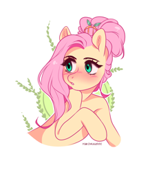 Size: 2268x2604 | Tagged: safe, artist:yukomaussi, character:fluttershy, species:pony, alternate hairstyle, blushing, cute, female, hair ornament, high res, shyabetes, simple background, solo, white background