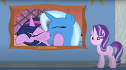 Size: 1674x934 | Tagged: safe, artist:agrol, artist:the smiling pony, character:starlight glimmer, character:trixie, character:twilight sparkle, ship:twixie, blatant lies, female, just friends, kissing, lesbian, shipping