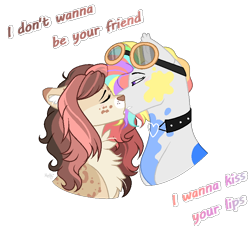 Size: 786x709 | Tagged: safe, artist:mintoria, oc, oc:colored pencils, oc:haley, species:pony, female, goggles, kissing, lesbian, mare, oc x oc, shipping, simple background, transparent background