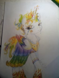 Size: 640x853 | Tagged: safe, artist:kiwwsplash, oc, oc only, species:alicorn, species:pony, alicorn oc, clothing, dress, hoof shoes, horn, makeup, multicolored hair, peytral, rainbow hair, solo, traditional art, wings