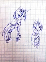 Size: 810x1080 | Tagged: safe, artist:kiwwsplash, oc, oc only, species:pony, duo, graph paper, lineart, robot, robot pony, traditional art