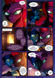 Size: 2480x3508 | Tagged: safe, artist:dsana, character:fizzlepop berrytwist, character:tempest shadow, oc, oc:lullaby dusk, species:pegasus, species:pony, species:unicorn, comic:a storm's lullaby, comic, crying, i can't believe it's not idw, mistake, questionable series, reading, semi-grimdark series