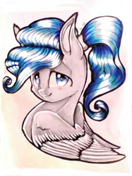 Size: 800x1067 | Tagged: safe, artist:kiwwsplash, oc, oc only, species:pegasus, species:pony, bust, pegasus oc, smiling, solo, traditional art, wings