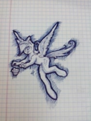 Size: 810x1080 | Tagged: safe, artist:kiwwsplash, character:derpy hooves, species:anthro, species:unguligrade anthro, female, flying, food, graph paper, lineart, muffin, nudity, solo, traditional art