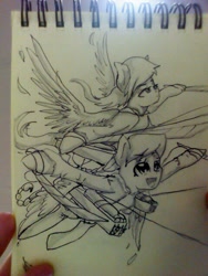 Size: 480x640 | Tagged: safe, artist:kiwwsplash, oc, oc only, species:pegasus, species:pony, :d, duo, flying, gun, irl, lineart, notepad, pegasus oc, photo, smiling, sword, traditional art, weapon, wings