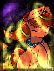Size: 768x1024 | Tagged: safe, artist:kiwwsplash, oc, oc only, species:earth pony, species:pony, abstract background, earth pony oc, eyes closed, jewelry, necklace, pearl necklace, solo