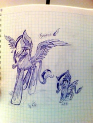 Size: 768x1024 | Tagged: safe, artist:kiwwsplash, oc, oc only, species:pegasus, species:pony, chibi, duo, graph paper, hair over one eye, pegasus oc, smiling, text, traditional art, wings