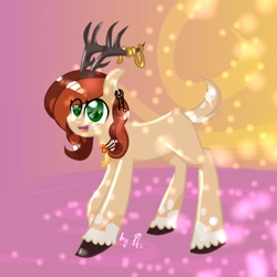 Size: 1024x1024 | Tagged: safe, artist:kiwwsplash, oc, oc only, species:deer, species:pony, abstract background, antlers, eye clipping through hair, open mouth, original species, smiling, solo, unshorn fetlocks