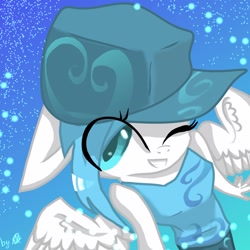 Size: 1024x1024 | Tagged: safe, artist:kiwwsplash, oc, oc only, species:anthro, species:pegasus, species:pony, abstract background, clothing, female, hat, one eye closed, pegasus oc, solo, wings, wink