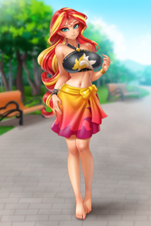 Size: 3333x5000 | Tagged: safe, artist:racoonsan, character:sunset shimmer, my little pony:equestria girls, anime, barefoot, barefooting, beautiful, beautisexy, bedroom eyes, belly button, big breasts, bikini, black swimsuit, breasts, busty sunset shimmer, clothing, commission, cutie mark swimsuit, eyeshadow, feet, female, human coloration, jeweled swimsuit, looking at you, makeup, sarong, sexy, shirt, skirt, stupid sexy sunset shimmer, summer sunset, swimsuit