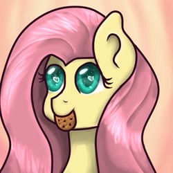 Size: 1024x1024 | Tagged: safe, artist:kiwwsplash, character:fluttershy, species:pegasus, species:pony, abstract background, bust, cookie, cute, female, food, heart eyes, mouth hold, shyabetes, solo, wingding eyes