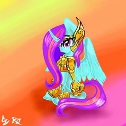 Size: 1024x1024 | Tagged: safe, artist:kiwwsplash, oc, oc only, species:alicorn, species:pony, abstract background, alicorn oc, armor, horn, signature, sitting, solo, wings