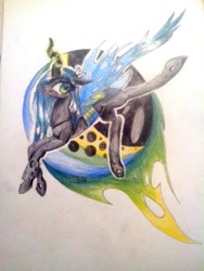 Size: 960x1280 | Tagged: safe, artist:kiwwsplash, character:queen chrysalis, species:changeling, changeling queen, female, raised leg, solo, traditional art