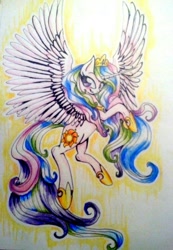 Size: 856x1236 | Tagged: safe, artist:kiwwsplash, character:princess celestia, species:alicorn, species:pony, female, hoof shoes, jewelry, mare, peytral, rearing, solo, tiara, traditional art