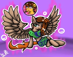 Size: 1024x800 | Tagged: safe, artist:kiwwsplash, oc, oc only, species:pegasus, species:pony, abstract background, blood, braid, clothing, duo, nosebleed, one eye closed, pegasus oc, semi-anthro, signature, sitting, spread wings, traditional art, wings, wink