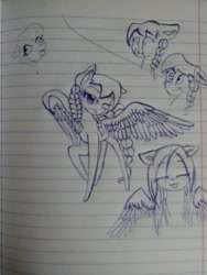 Size: 768x1024 | Tagged: safe, artist:kiwwsplash, oc, oc only, species:pegasus, species:pony, braid, braided tail, bust, derp, eyes closed, lineart, lined paper, one eye closed, pegasus oc, raised hoof, smiling, wings, wink