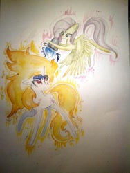 Size: 960x1280 | Tagged: safe, artist:kiwwsplash, character:fluttershy, character:twilight sparkle, character:twilight sparkle (unicorn), species:pegasus, species:pony, species:unicorn, bucket, duo, flying, looking up, mane of fire, rapidash twilight, traditional art, water