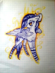 Size: 960x1280 | Tagged: safe, artist:kiwwsplash, oc, oc only, species:pegasus, species:pony, bow, clothing, hair bow, lined paper, looking back, pegasus oc, socks, solo, striped socks, traditional art, wings