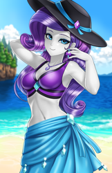 Size: 800x1237 | Tagged: safe, artist:racoonsan, edit, editor:drakeyc, character:rarity, equestria girls:forgotten friendship, g4, my little pony: equestria girls, my little pony:equestria girls, arm behind head, armpits, beach, beach babe, beautiful, belly button, breasts, clothing, cloud, color edit, colored, ear piercing, earring, female, geode of shielding, hat, jewelry, looking at you, magical geodes, midriff, nail polish, necklace, piercing, sarong, sexy, skin color edit, sky, smiling, solo, stupid sexy rarity, sun hat, swimsuit, water