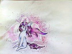Size: 1280x960 | Tagged: safe, artist:kiwwsplash, oc, oc only, species:pony, species:unicorn, artificial wings, augmented, glowing horn, horn, magic, magic wings, sitting, solo, traditional art, unicorn oc, wings