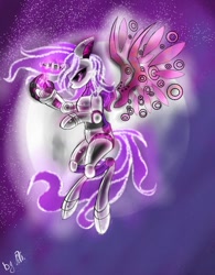 Size: 800x1024 | Tagged: safe, artist:kiwwsplash, oc, oc only, species:alicorn, species:pony, abstract background, alicorn oc, flying, full moon, glowing horn, horn, moon, robot, robot pony, signature, solo, wings