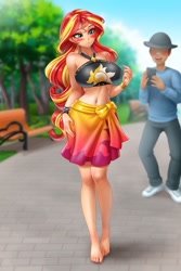 Size: 683x1024 | Tagged: safe, alternate version, artist:racoonsan, edit, editor:thomasfan45, character:sunset shimmer, species:human, my little pony:equestria girls, anime, barefoot, barefooting, beautiful, beautisexy, belly button, bench, bikini, black swimsuit, blushing, breasts, busty sunset shimmer, cellphone, clothing, cutie mark swimsuit, eyeshadow, faceless male, feet, female, hat, human coloration, jeweled swimsuit, legs, makeup, male, midriff, offscreen character, outdoors, pants, park, phone, sarong, sexy, stupid sexy sunset shimmer, summer sunset, surprised, sweater, swimsuit, tree, walkway