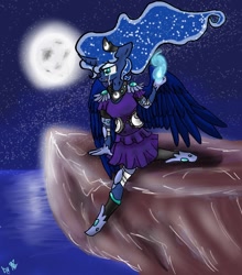 Size: 900x1024 | Tagged: safe, artist:kiwwsplash, character:princess luna, species:alicorn, species:anthro, species:pony, species:unguligrade anthro, boots, cliff, clothing, colored, crying, ethereal mane, female, full moon, galaxy mane, gloves, glowing hands, jewelry, moon, night, ocean, shoes, sitting, skirt, solo, stars, tiara