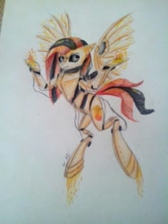 Size: 960x1280 | Tagged: safe, artist:kiwwsplash, oc, oc only, species:pegasus, species:pony, flying, glowing hooves, pegasus oc, robot, robot pony, rocket, solo, traditional art, wings
