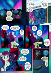 Size: 2480x3508 | Tagged: safe, artist:dsana, character:fizzlepop berrytwist, character:tempest shadow, oc, oc:lullaby dusk, oc:thistledown, species:earth pony, species:pegasus, species:pony, species:unicorn, comic:a storm's lullaby, aurora borealis, awww, bandaged leg, blushing, broken horn, comic, cute, feather, female, filly, hoof on shoulder, horn, hug, mare, mountain, questionable series, scar, semi-grimdark series, wholesome